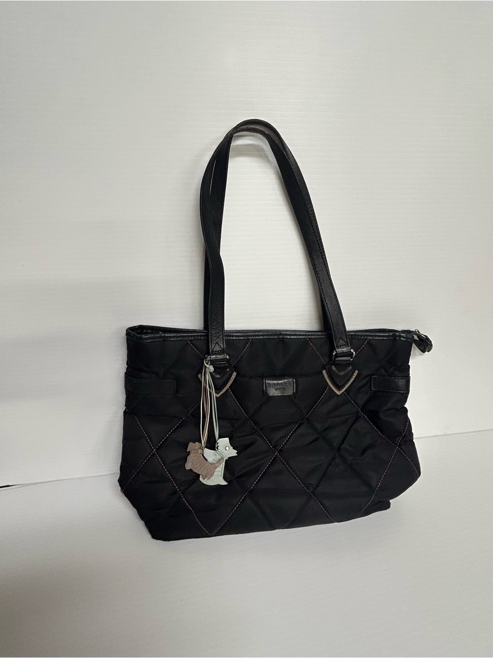 Radley London Black Quilted Zip Top Tote Shoulder Bag Scottie Dog Charms